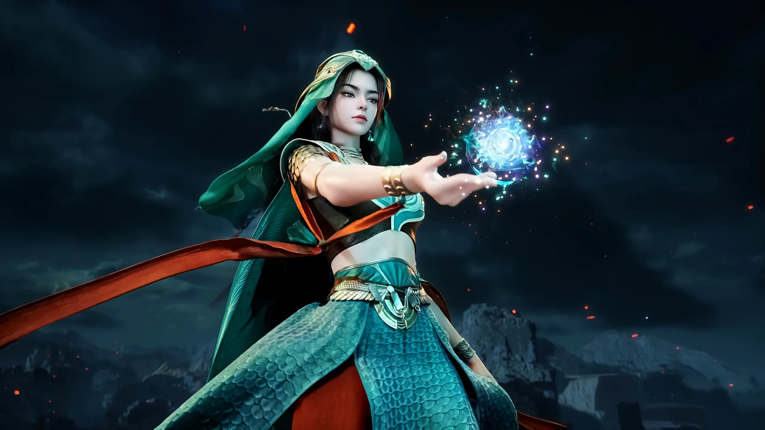乐上师官方 4K 壁纸：单手托起一团青蓝法印，橙红披帛在风中展开。