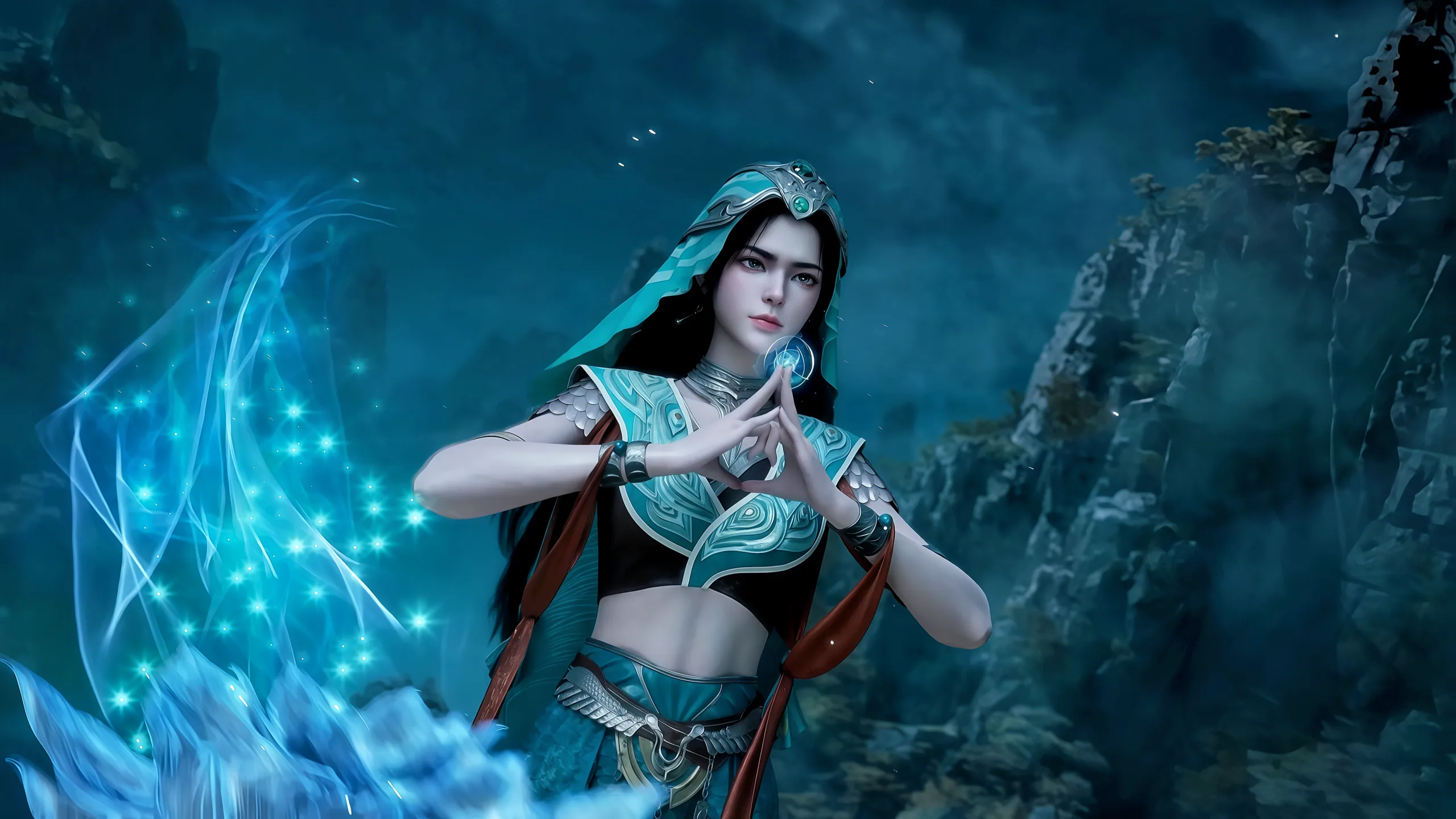乐上师官方 4K 壁纸：双手结印于胸前，青绿兜帽与胸甲纹样清晰，身后青色光焰升腾。