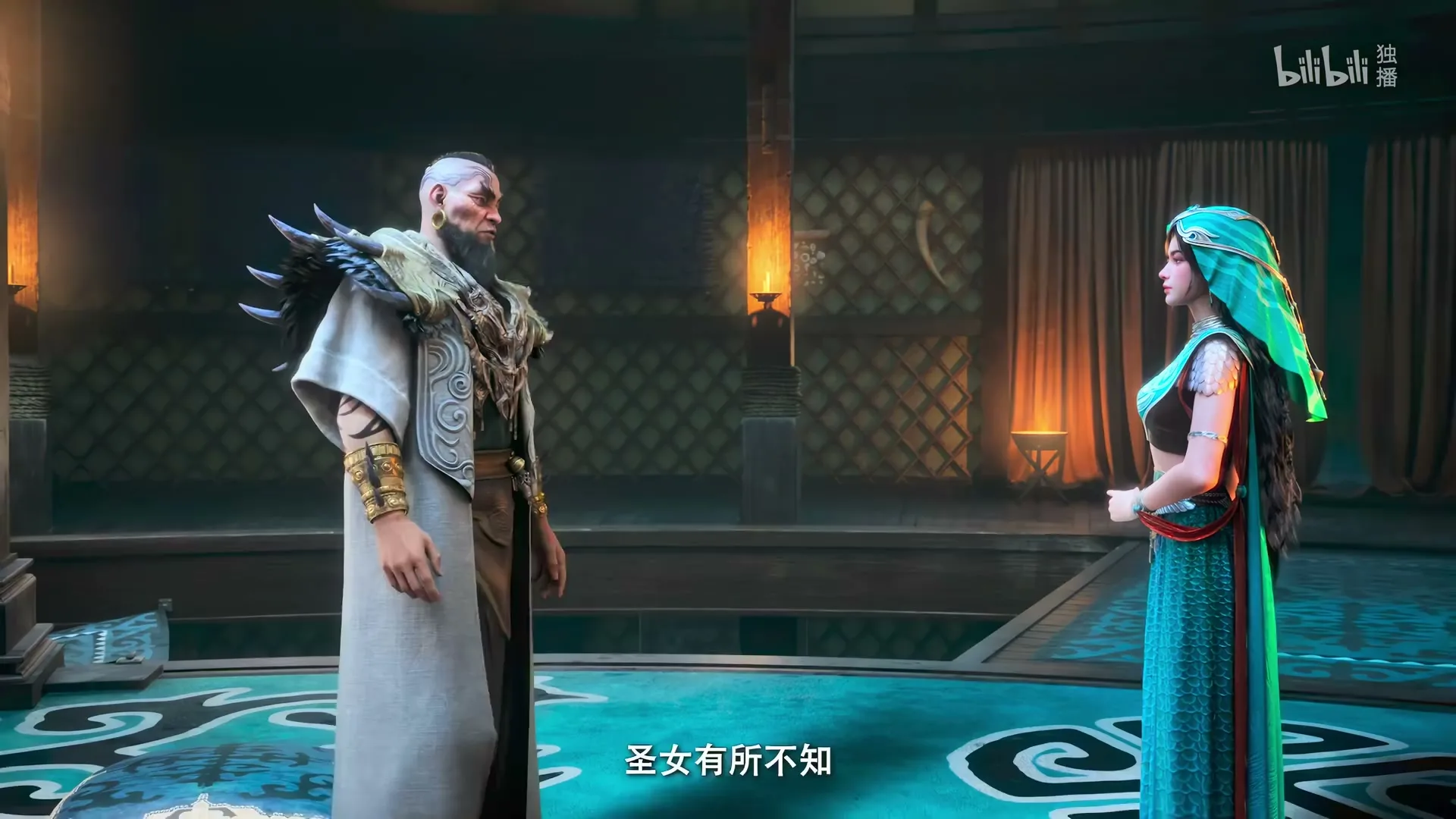 正片抽帧：乐上师与族人对谈的 3/4 侧身画面。